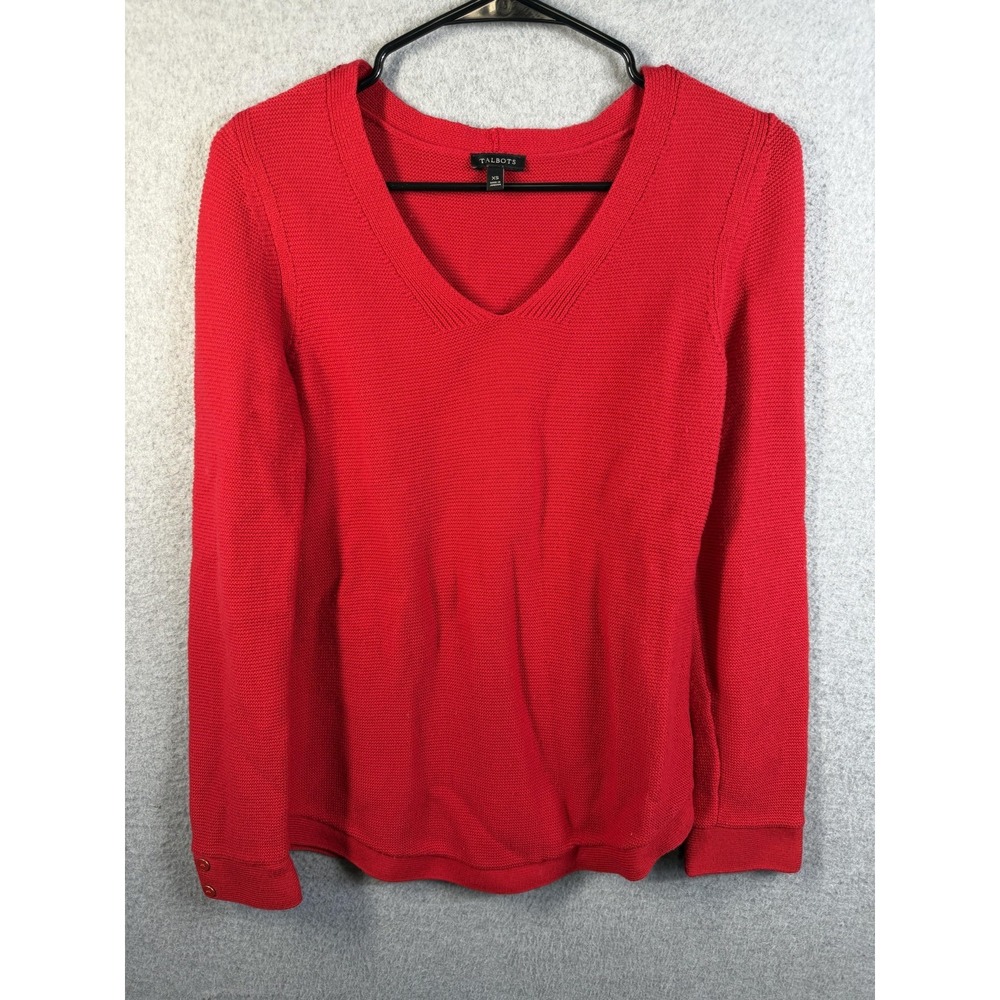 Talbots Sweater Womens XS Red V‎ Neck Waffle Knit Pullover Long Sleeve Top